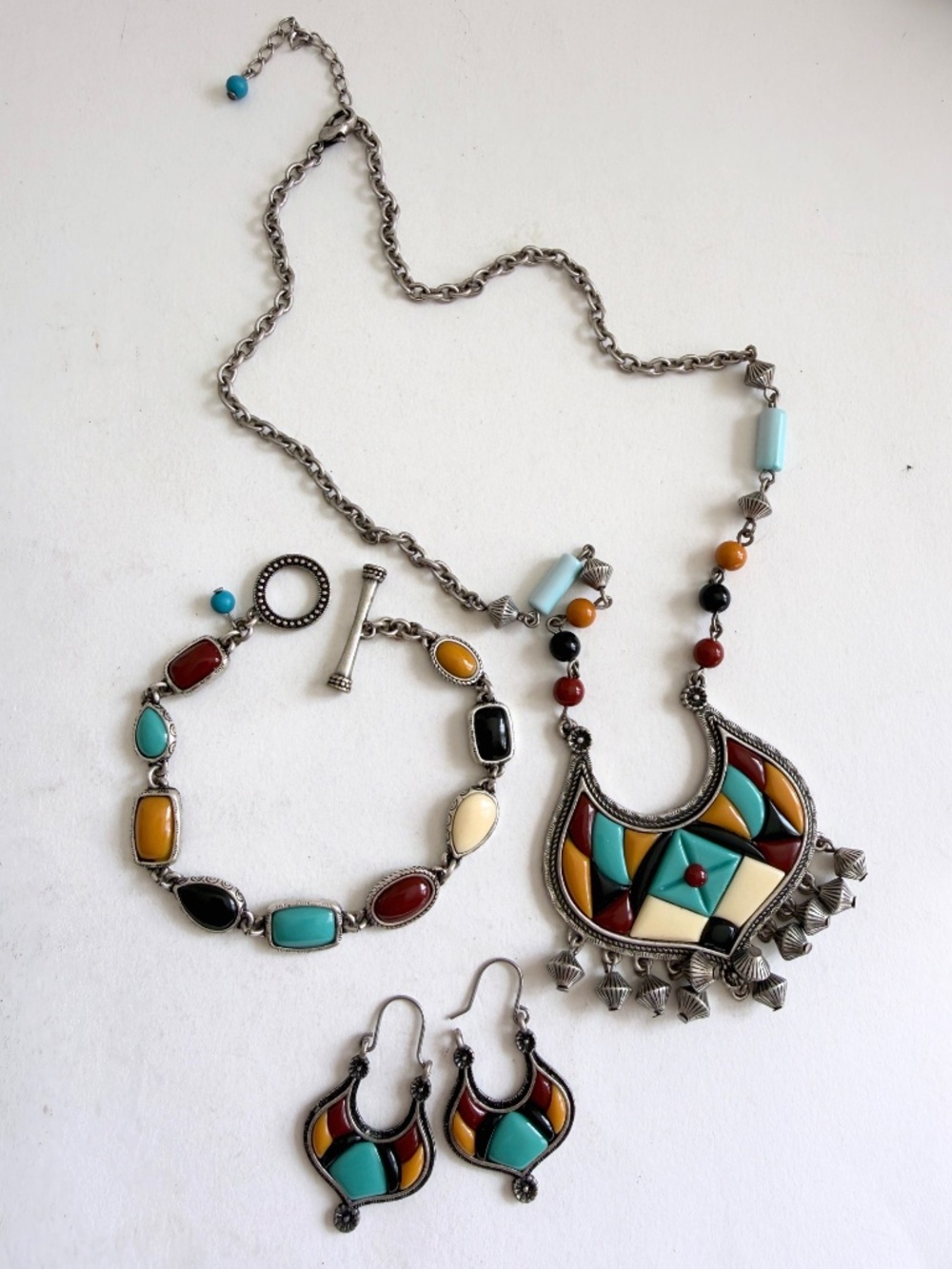 Vintage Y2K Southwest Necklace Bracelet Earrings Boho Mosaic Statement Set